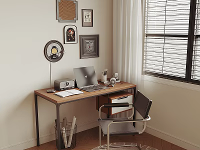 Cozy Desk With Wooden Top Metal Legs Laptop Lamp Photo Frames Bulletin Board Window Blinds 3d model