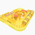 Yellow Playground Equipment With Square Platform Central Circular Rotating Disk And Striped Seats