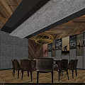 Elegant Restaurant Corridor With Wooden Walls Geometric Patterned Surfaces Green Plant Decor And Patterned Flooring