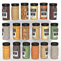 Assorted Kitchen Spice Jars With Various Spices And Black Lids For Storage 3d model