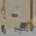 Earthy Toned Ceramic Vessels Of Various Shapes With Hanging Lanterns Wall Art And Chair