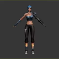 Blue Haired Female Character With Mechanical Arm Blue Top Black Pants And Sneakers