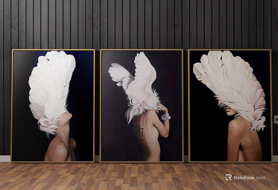 Modern Portrait Paintings With White Feathers Covering Head Black Background Golden Frames Three Panel Artwork 3d model 