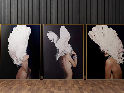 Modern Portrait Paintings With White Feathers Covering Head Black Background Golden Frames Three Panel Artwork 3d model