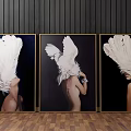 Modern Portrait Paintings With White Feathers Covering Head Black Background Golden Frames Three Panel Artwork
