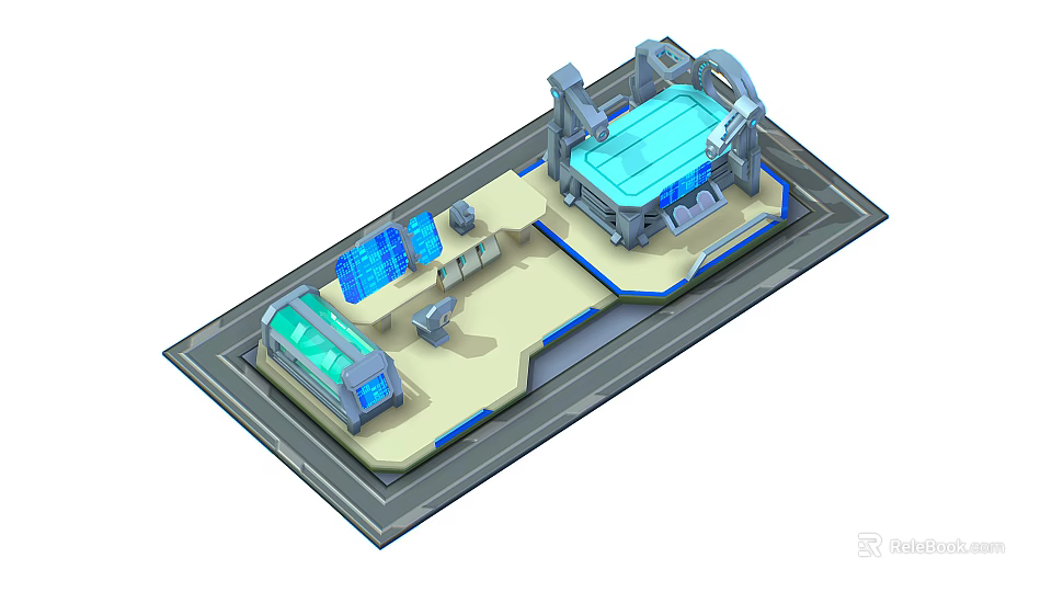 Cartoon Scene 3D Model Featuring Futuristic Tech Facility with Control Console and Blue Screens 3d model