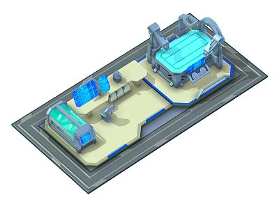 Cartoon Scene 3D Model Featuring Futuristic Tech Facility with Control Console and Blue Screens 3d model