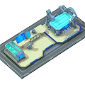 Cartoon Scene 3D Model Featuring Futuristic Tech Facility with Control Console and Blue Screens 3d model