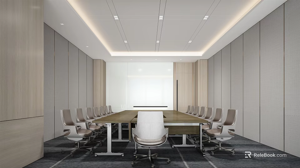 Modern Conference Room Interior Design With Long Table Multiple Chairs And Ceiling Lights 3d model