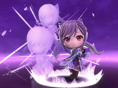 Chibi Game Character With Purple Hair Twin Tails Holding Sword Transparent Clones And Glowing Base 3d model