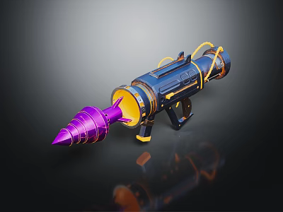 Futuristic Rocket Launcher Weapon Featuring Blue Body Yellow Accents And Purple Metallic Tip 3d model