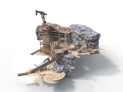 Modern Rockside Wooden Structure Scene With Platforms Track And Crane Setup 3d model