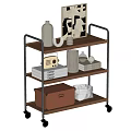 Rolling Wooden Shelving Unit with Metal Frame Three Tiers Storage Boxes and Decorative Items