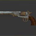 Intricate Sculptural Carving of Vintage Revolver with Ornate Metal Engravings and Wooden Grip
