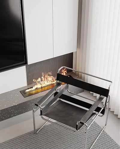 Stylish Modern Accent Chair In Living Room With Fireplace White Cabinets TV Curtains 3d model