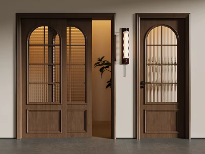 Open Wooden Sliding Doors With Arched Glass Panels Illuminated Interior Wall Lamp Green Plant 3d model