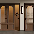 Open Wooden Sliding Doors With Arched Glass Panels Illuminated Interior Wall Lamp Green Plant