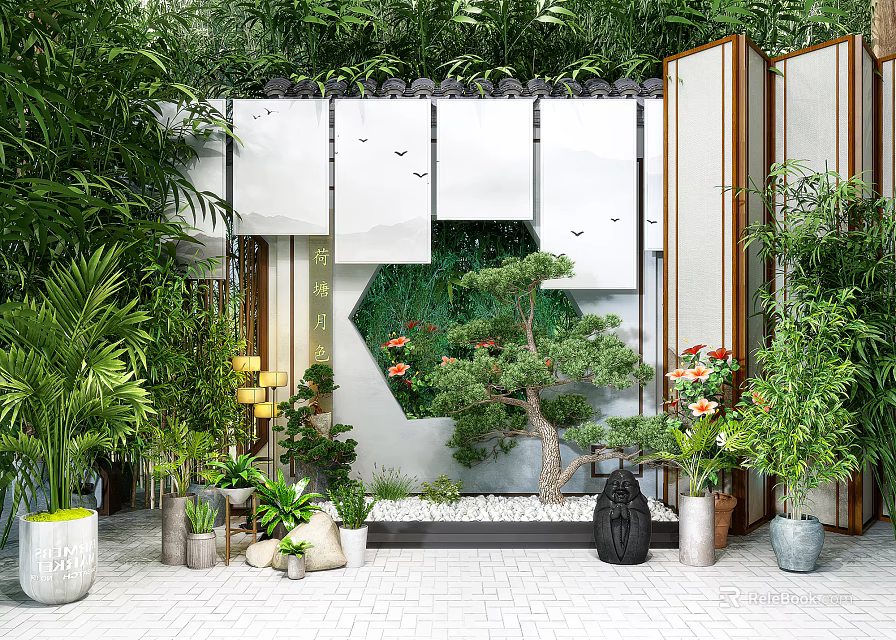 Mini Garden Decor Design With Green Plants Small Trees And Geometric Wall Elements 3d model