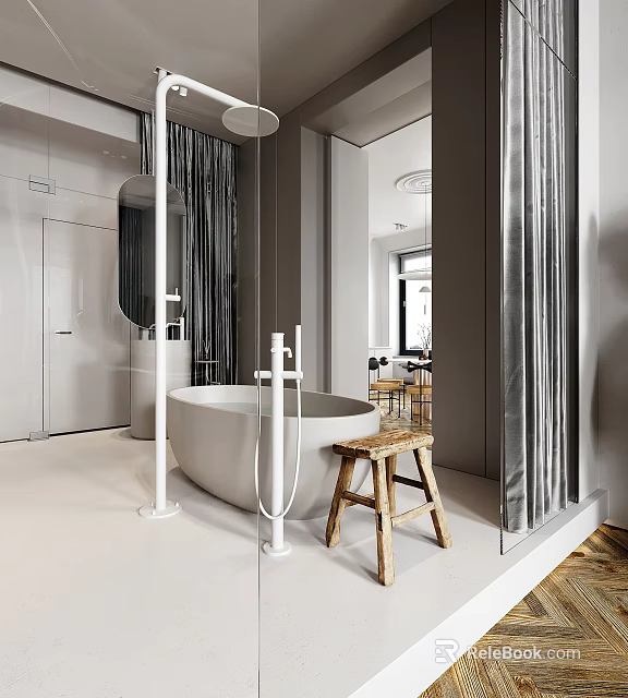 Modern Bathroom Interior With Freestanding Bathtub Large Mirror Gray Curtain And Wooden Stool 3d model 