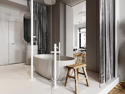 Modern Bathroom Interior With Freestanding Bathtub Large Mirror Gray Curtain And Wooden Stool 3d model