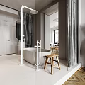 Modern Bathroom Interior With Freestanding Bathtub Large Mirror Gray Curtain And Wooden Stool