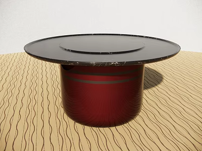Round Dining Table with Black Marble Top and Red Cylindrical Legs on Beige Wavy Floor 3d model