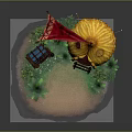 Cartoon Scene with Yellow Tent Red Flag Treasure Chest and Green Plants on Sandy Ground