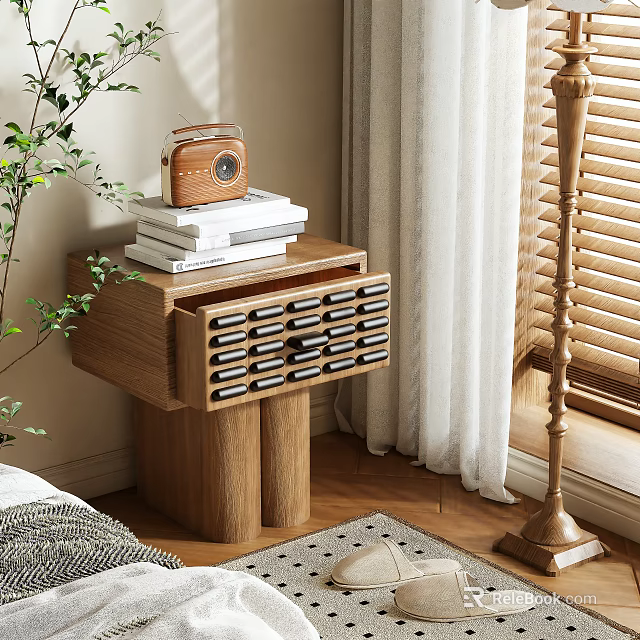 Wooden Bedside Table with Drawers and Black Handles Topped with Books Stack and Vintage Radio 3d model 