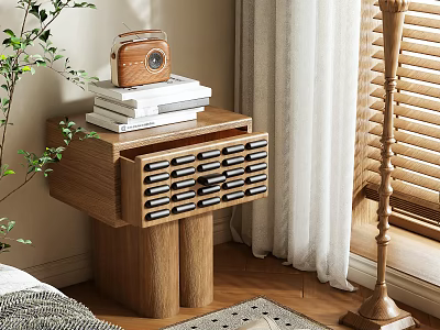 Wooden Bedside Table with Drawers and Black Handles Topped with Books Stack and Vintage Radio 3d model