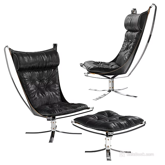 Modern Black Leather Lounge Chair With Metal Frame And Ottoman 3d model 