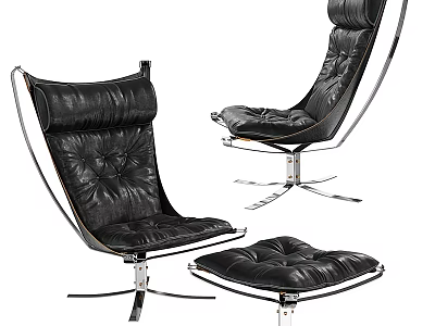 Modern Black Leather Lounge Chair With Metal Frame And Ottoman 3d model