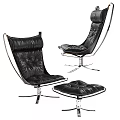 Modern Black Leather Lounge Chair With Metal Frame And Ottoman