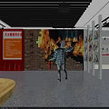 Person Learning Fire Extinguisher Use Method At Fire Safety Exhibition Wall With Flame Design