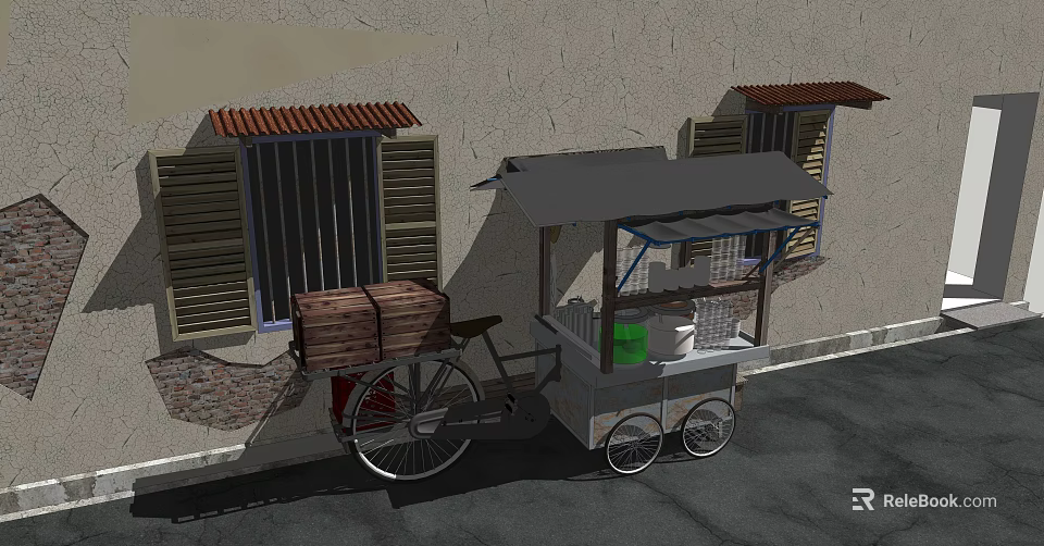 Outdoor Functional Tricycle Cart With Canopy Wooden Crates And Building 3d model 