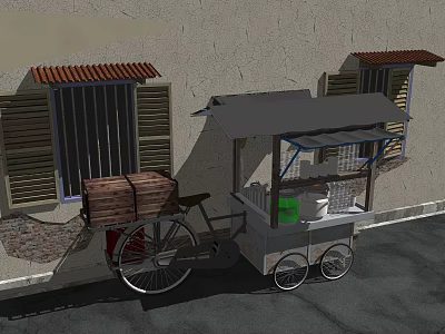Outdoor Functional Tricycle Cart With Canopy Wooden Crates And Building 3d model