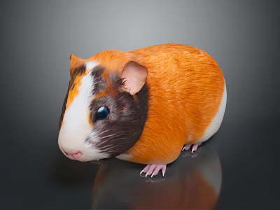 Adorable Guinea Pig With Fluffy Orange Brown White Fur And Black Eyes On Shiny Surface 3d model