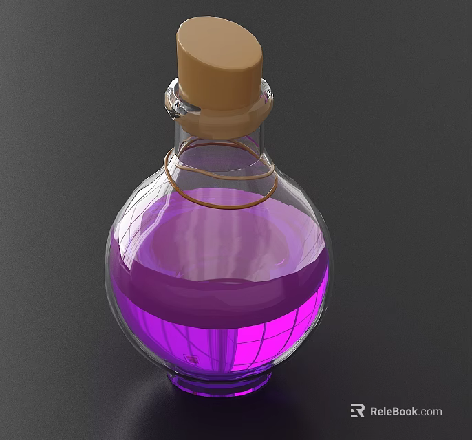 Elegant Ceramic Vessel With Purple Liquid Wooden Cork And Golden Ring On Dark Background 3d model 