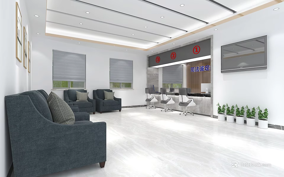 Modern Service Hall With Gray Sofas Chairs White Floor Window Blinds Screen And Green Plants 3d model 