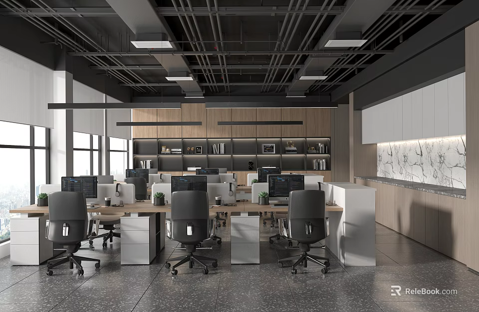 Modern Public Office Space With Ergonomic Desks Computers Open Layout And Green Plants 3d model 