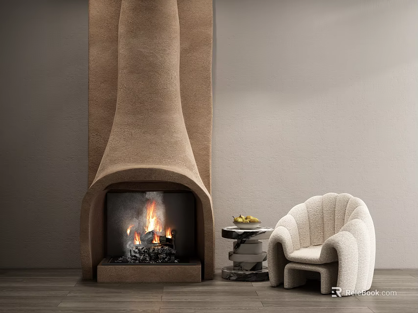Tufted White Single Sofa In Modern Living Room With Fireplace Small Table And Fruits 3d model 