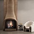 Tufted White Single Sofa In Modern Living Room With Fireplace Small Table And Fruits