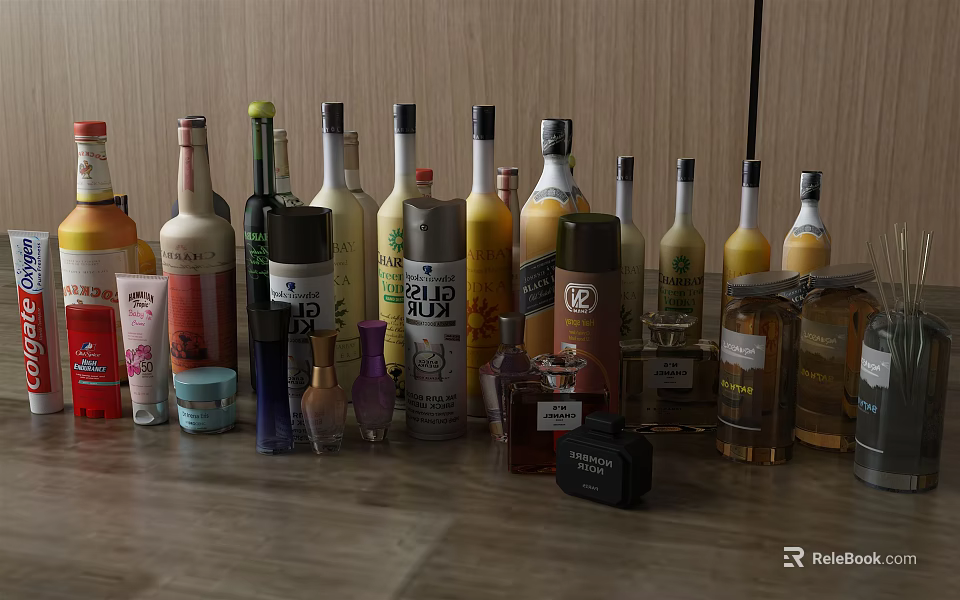 Assorted Wine And Liquor Bottles With Glasses On Wooden Table 3d model 