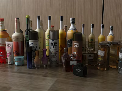 Assorted Wine And Liquor Bottles With Glasses On Wooden Table 3d model