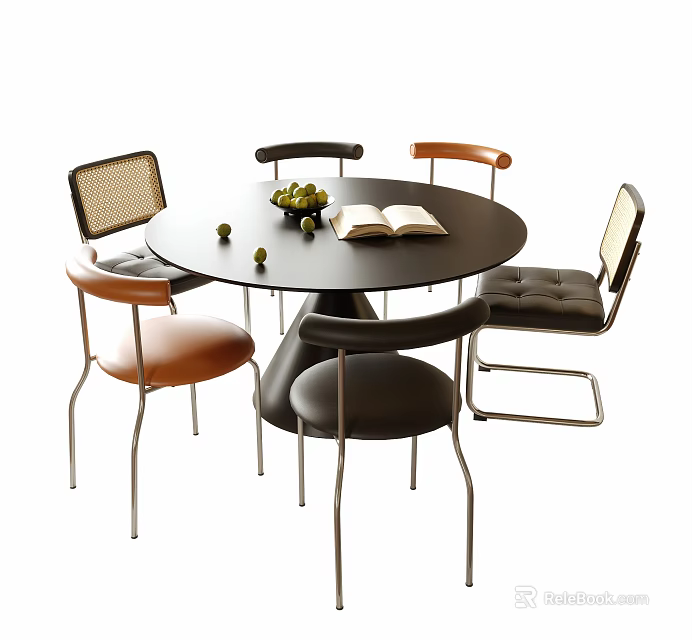 Round Dining Table and Various Style Chairs Set with Open Book and Fruit Bowl 3d model