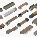 Modern Wooden And Concrete Landscape Seats With Geometric Shapes For Outdoor Spaces