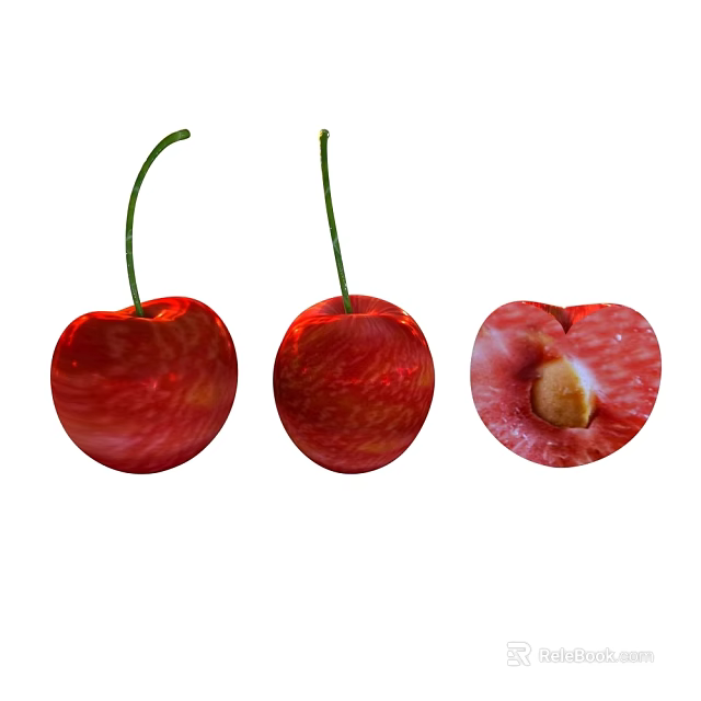 Ripe Cherry Fruits Showing Whole and Halved with Visible Seed in Close Up View 3d model 