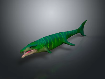 Green Striped Mosasaurus Model With Open Mouth Sharp Teeth And Streamlined Body 3d model