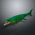 Green Striped Mosasaurus Model With Open Mouth Sharp Teeth And Streamlined Body
