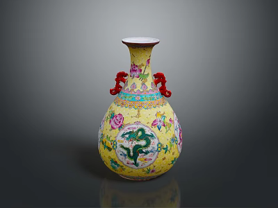 Sculpted Yellow Vase With Dragon Handles And Colorful Floral Carved Patterns 3d model