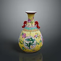 Sculpted Yellow Vase With Dragon Handles And Colorful Floral Carved Patterns